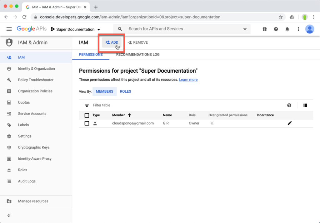 Click ADD on the Google IAM screen