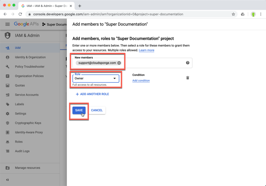 Adding support@cloudsponge.com as a project owner