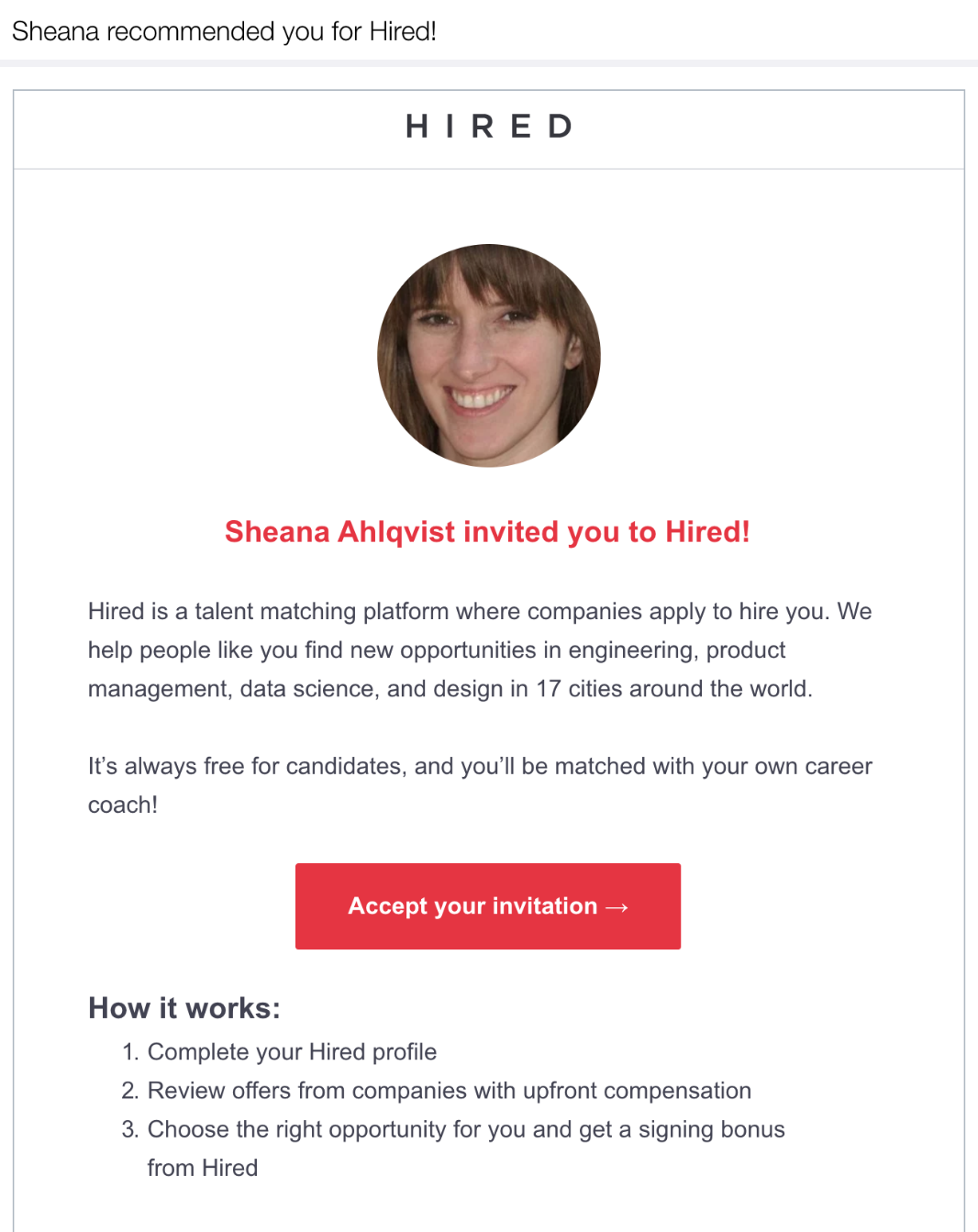 Hired's referral email example