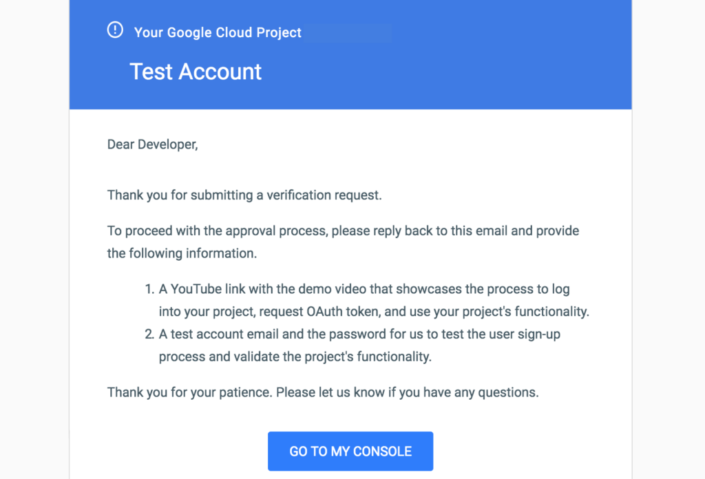 Google OAuth verification response email requesting a demo video