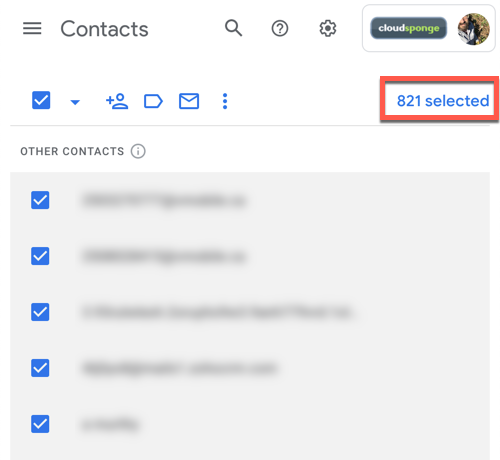 Image of my Google Other Contacts containing 821 contacts.