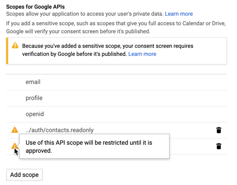 sensitive scopes included in Google's consent page