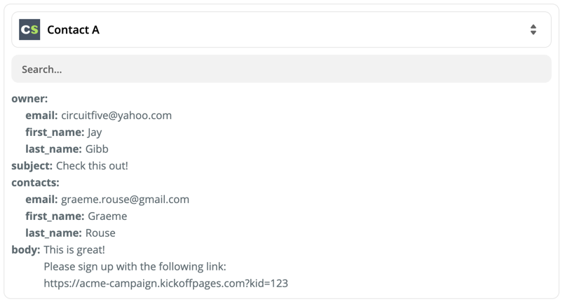 A screenshot of the Zap trigger's data format